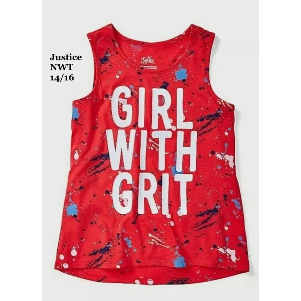 Justice Girls Lot of 2‎ Tank Tops size 14/16 Unicorn Glitter USA Americana Tween